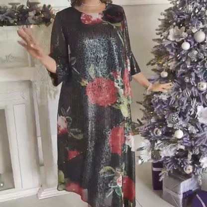 Damen-Runden-Ausschnitt-Druck-Kleid