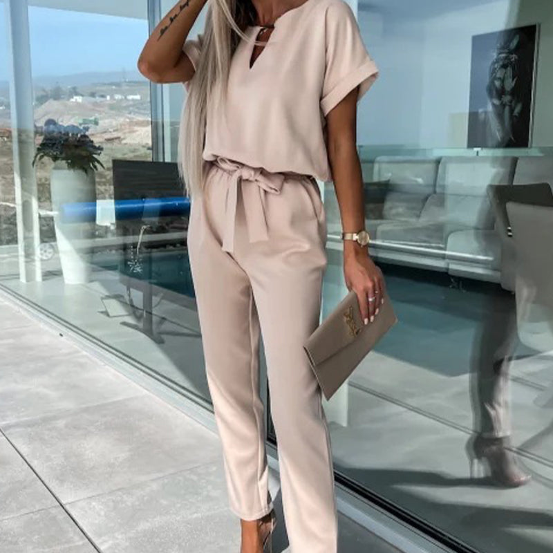 💕Limitierter Verkauf 50% Rabatt auf den trendigen Trend-V-Ausschnitt-Kurzarm-Overall mit Krawatte Taille