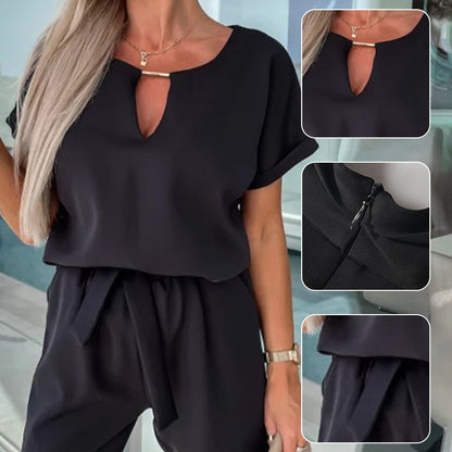 💕Venta limitada 50% de descuento en el moderno mono de manga corta con cuello en V y cintura anudada