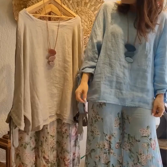 🌸Conjunto de blusa holgada y pantalones anchos con estampado floral