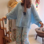 🌸Lose Fit Blouse & Blumengedruckte mit weiten Beinhosen Set mit weitem Bein
