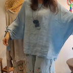 🌸Lose Fit Blouse & Blumengedruckte mit weiten Beinhosen Set mit weitem Bein
