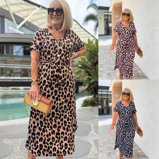🔥Vestido de mujer con estampado de leopardo y escote en V, cintura ajustable y apto para las cuatro estaciones.