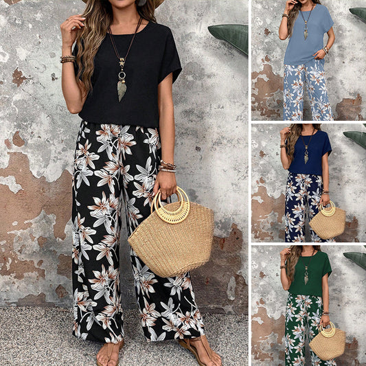 🌸 Conjunto casual de mujer con pantalón ancho y top de manga corta con estampado floral
