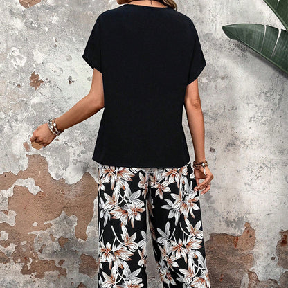 🌸 Conjunto casual de mujer con pantalón ancho y top de manga corta con estampado floral