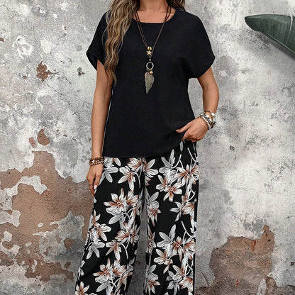 🌸 Conjunto casual de mujer con pantalón ancho y top de manga corta con estampado floral