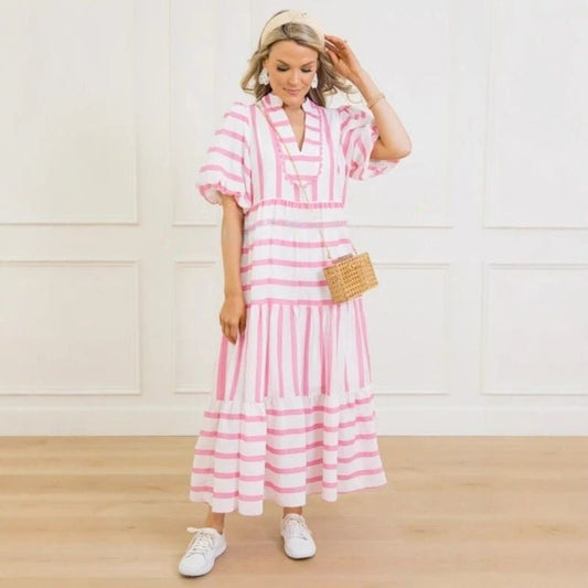 🔥Oferta de verano 50% de descuento 🩷Vestido casual de verano de manga corta a rayas para mujer