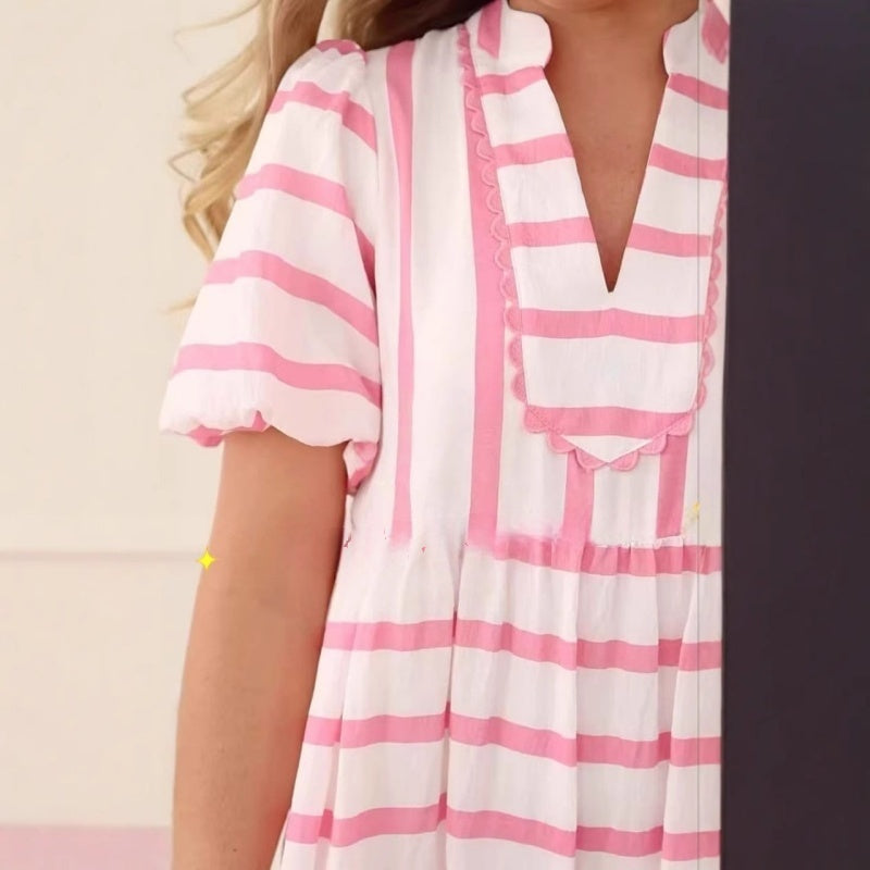 🔥Sommer-Schnäppchen 50 % Rabatt 🩷Lässiges, gestreiftes Kurzarmkleid für den Sommer für Damen