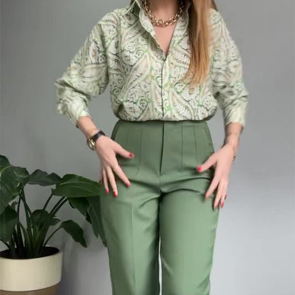 🔥🌸2-teiliges Set aus bedrucktem Hemd und Hose mit Knöpfen für Damen
