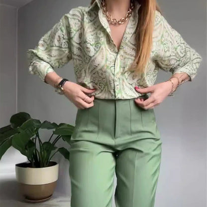 🔥🌸2-teiliges Set aus bedrucktem Hemd und Hose mit Knöpfen für Damen