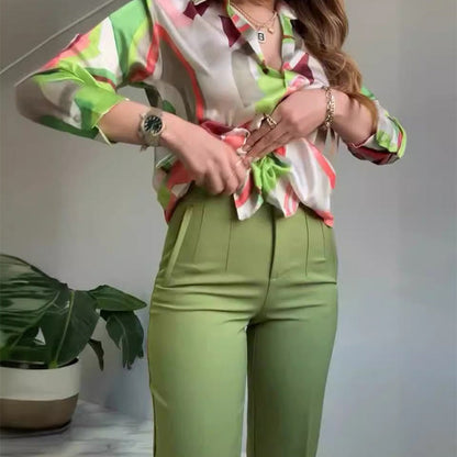 🔥🌸2-teiliges Set aus bedrucktem Hemd und Hose mit Knöpfen für Damen