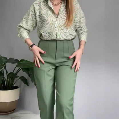 🔥🌸2-teiliges Set aus bedrucktem Hemd und Hose mit Knöpfen für Damen