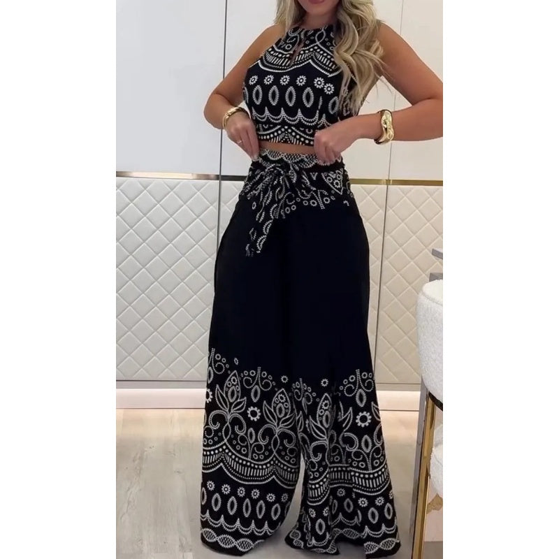 🌺Novedades 2025: 50 % de descuento🌺Conjunto de top sin mangas con cuello halter étnico con estampado retro para mujer y pantalones de pierna ancha