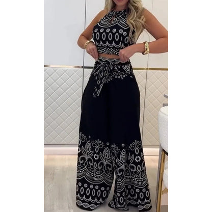 🌺Novedades 2025: 50 % de descuento🌺Conjunto de top sin mangas con cuello halter étnico con estampado retro para mujer y pantalones de pierna ancha