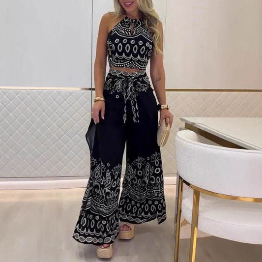 🌺Novedades 2025: 50 % de descuento🌺Conjunto de top sin mangas con cuello halter étnico con estampado retro para mujer y pantalones de pierna ancha