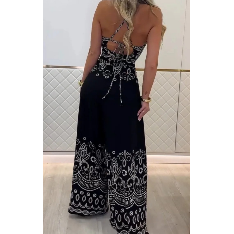 🌺Novedades 2025: 50 % de descuento🌺Conjunto de top sin mangas con cuello halter étnico con estampado retro para mujer y pantalones de pierna ancha