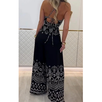 🌺Novedades 2025: 50 % de descuento🌺Conjunto de top sin mangas con cuello halter étnico con estampado retro para mujer y pantalones de pierna ancha