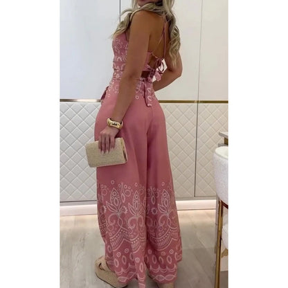 🌺Novedades 2025: 50 % de descuento🌺Conjunto de top sin mangas con cuello halter étnico con estampado retro para mujer y pantalones de pierna ancha