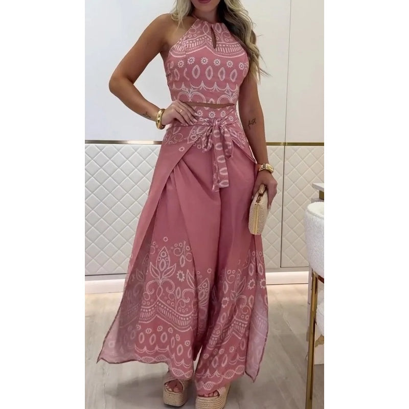 🌺Novedades 2025: 50 % de descuento🌺Conjunto de top sin mangas con cuello halter étnico con estampado retro para mujer y pantalones de pierna ancha