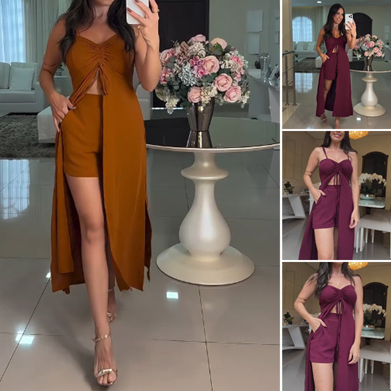 Damen modisches einfarbiges zweiteiliges Set: Langes Oberteil mit Spaghettiträger und Shorts
