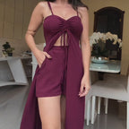Damen modisches einfarbiges zweiteiliges Set: Langes Oberteil mit Spaghettiträger und Shorts