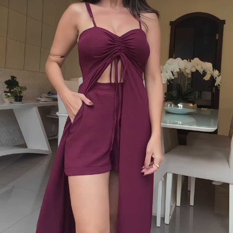 Damen modisches einfarbiges zweiteiliges Set: Langes Oberteil mit Spaghettiträger und Shorts