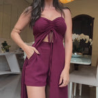 Damen modisches einfarbiges zweiteiliges Set: Langes Oberteil mit Spaghettiträger und Shorts