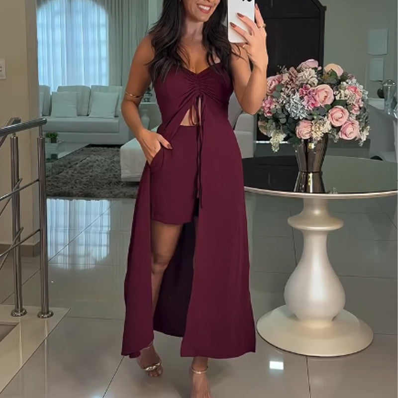 Damen modisches einfarbiges zweiteiliges Set: Langes Oberteil mit Spaghettiträger und Shorts