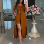Damen modisches einfarbiges zweiteiliges Set: Langes Oberteil mit Spaghettiträger und Shorts
