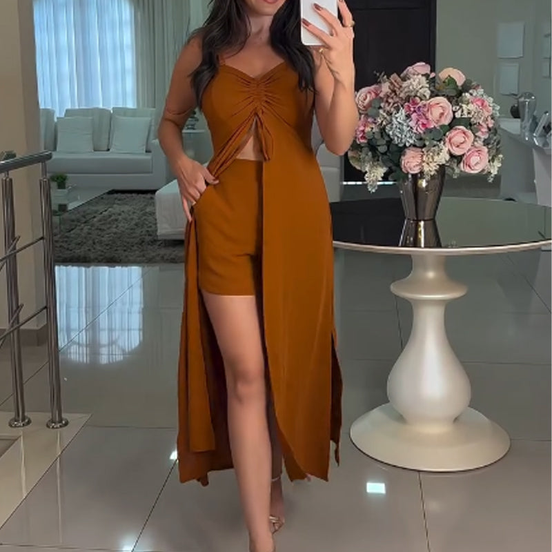 Damen modisches einfarbiges zweiteiliges Set: Langes Oberteil mit Spaghettiträger und Shorts