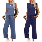🌺2025 Neu eingetroffen - 49% OFF🌺2025 Neue Frauen Casual Cap Sleeve Top Wide Leg Crop Pants Zweiteilige Sets
