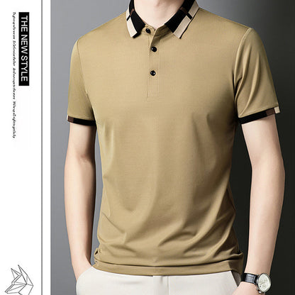 🔥50% de descuento hoy🔥Camiseta de manga corta de seda elástica con solapa para hombre