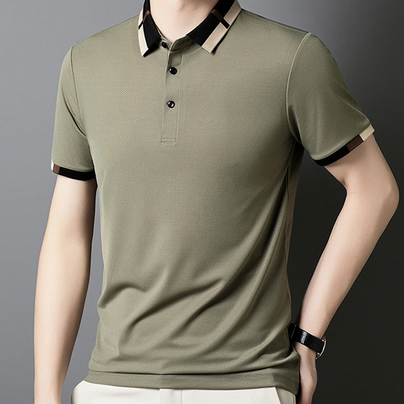 🔥50% de descuento hoy🔥Camiseta de manga corta de seda elástica con solapa para hombre