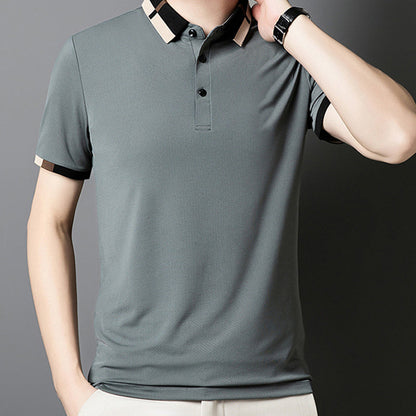 🔥50% de descuento hoy🔥Camiseta de manga corta de seda elástica con solapa para hombre