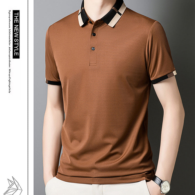 🔥50% de descuento hoy🔥Camiseta de manga corta de seda elástica con solapa para hombre