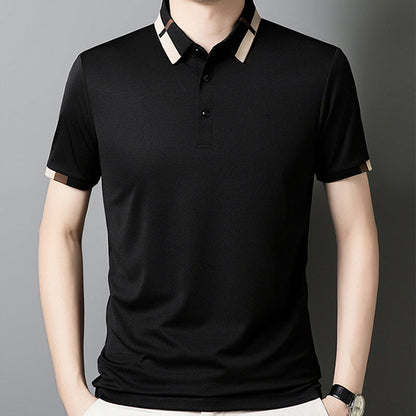 🔥50% de descuento hoy🔥Camiseta de manga corta de seda elástica con solapa para hombre