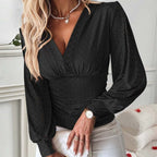 Sexy Langarm-Oberteil mit V-Ausschnitt und einfarbigem Hohlmuster in der Taille für Damen