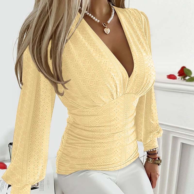Sexy Langarm-Oberteil mit V-Ausschnitt und einfarbigem Hohlmuster in der Taille für Damen