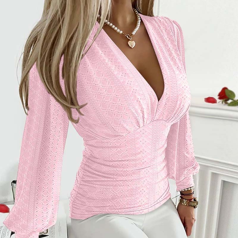 Sexy Langarm-Oberteil mit V-Ausschnitt und einfarbigem Hohlmuster in der Taille für Damen