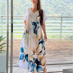 Damen lockeres Freizeitkleid mit V-Ausschnitt, Druck und kurzen Ärmeln