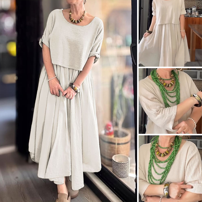 💐✨Bequemes und elegantes Zweiteiler-Set mit Rundhalsbluse und Rock aus Baumwolle und Leinen für Damen