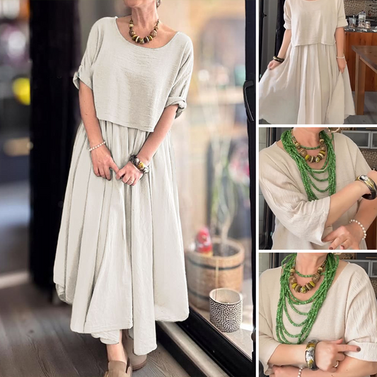 💐✨Cómodo y elegante conjunto de dos piezas con blusa de cuello redondo y falda confeccionado en algodón y lino para mujer