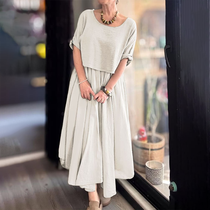 💐✨Bequemes und elegantes Zweiteiler-Set mit Rundhalsbluse und Rock aus Baumwolle und Leinen für Damen