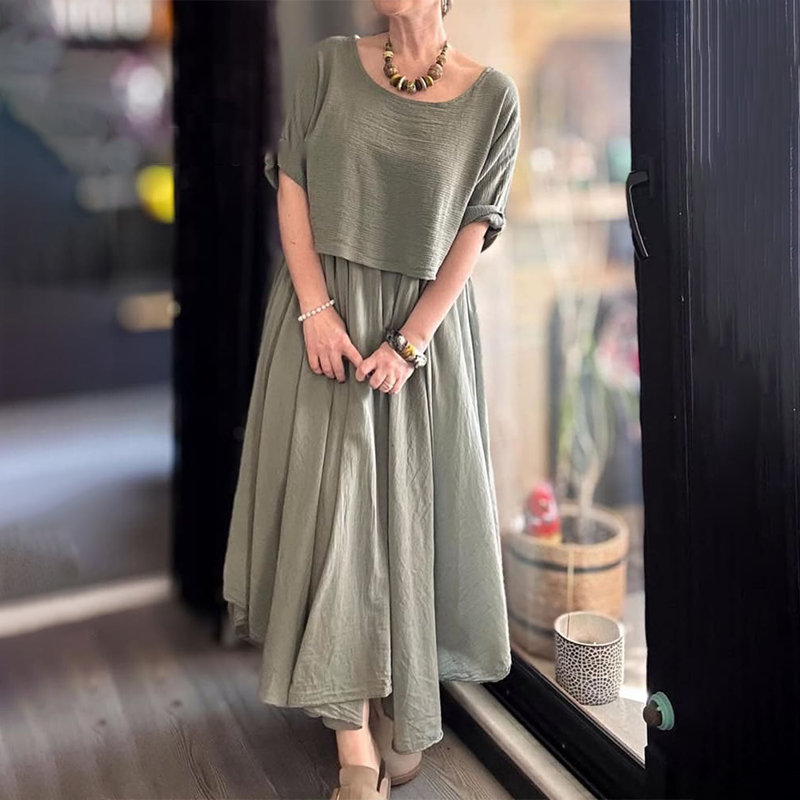 💐✨Bequemes und elegantes Zweiteiler-Set mit Rundhalsbluse und Rock aus Baumwolle und Leinen für Damen