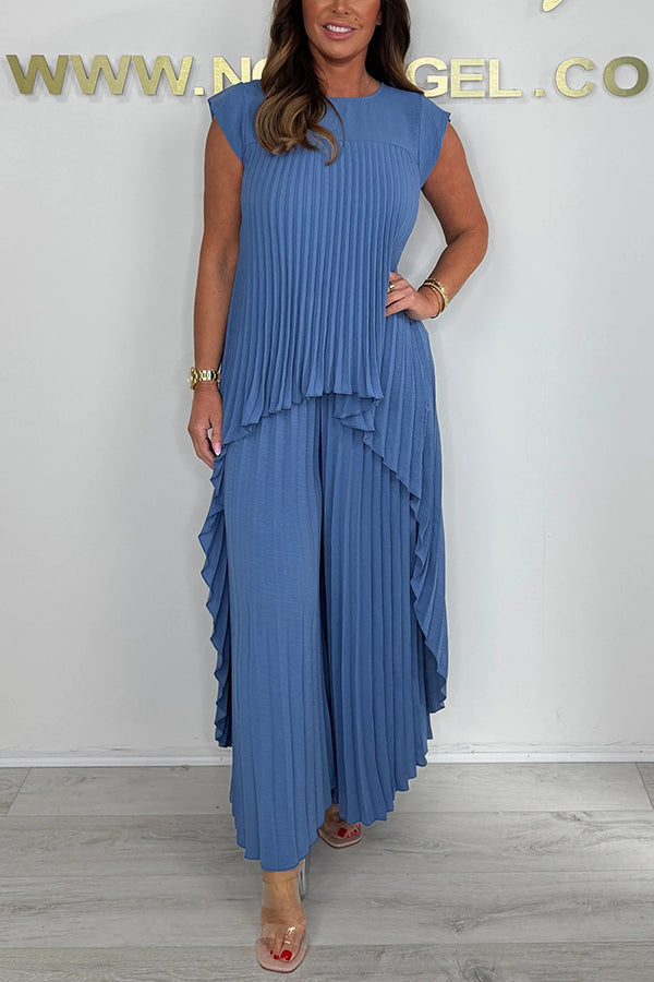 ✨49% Rabatt🌸Laney Set aus plissiertem, kurzärmligem, unregelmäßigem Midi-Top und Hose mit weitem Bein und elastischer Taille