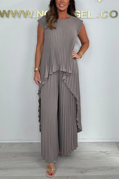✨49% Rabatt🌸Laney Set aus plissiertem, kurzärmligem, unregelmäßigem Midi-Top und Hose mit weitem Bein und elastischer Taille