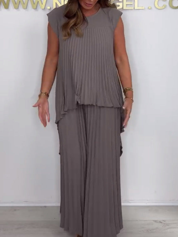 ✨49% Rabatt🌸Laney Set aus plissiertem, kurzärmligem, unregelmäßigem Midi-Top und Hose mit weitem Bein und elastischer Taille