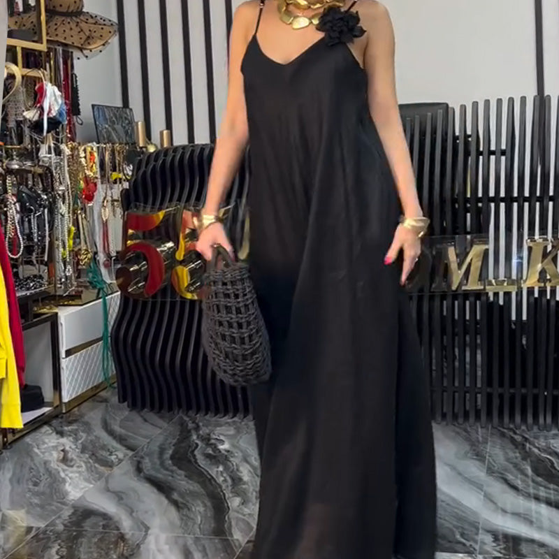 Maxikleid mit Spaghettiträgern in Schwarz