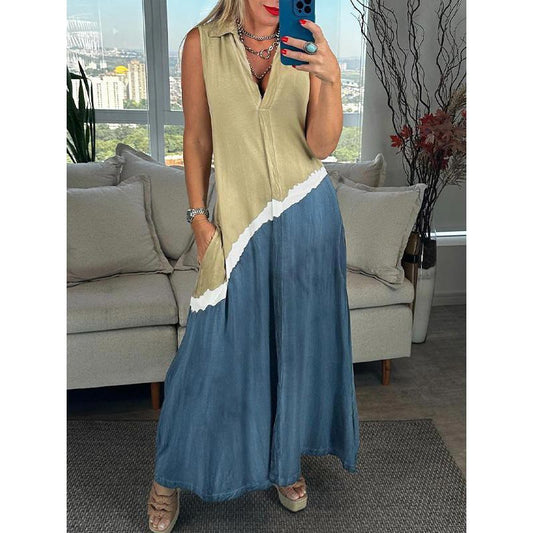 Ärmelloses Kleid für Damen mit V-Ausschnitt und Revers in Tie-Dye Farbgebung