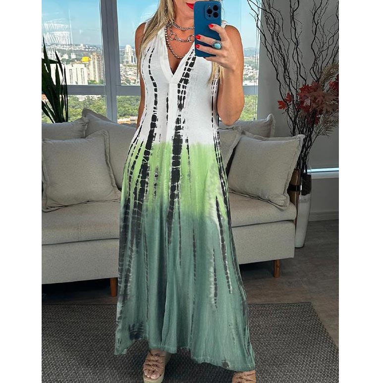Ärmelloses Kleid für Damen mit V-Ausschnitt und Revers in Tie-Dye Farbgebung